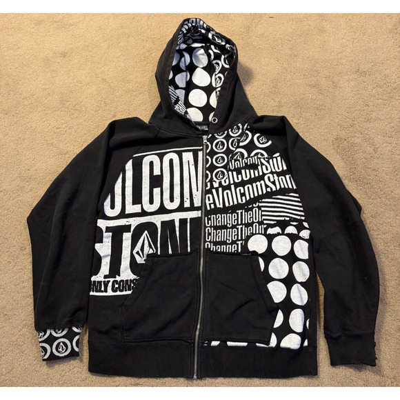 Vintage Volcom Hoodie Zip Up Black White Y2K Punk Skater Grunge Size Large L - Picture 2 of 7